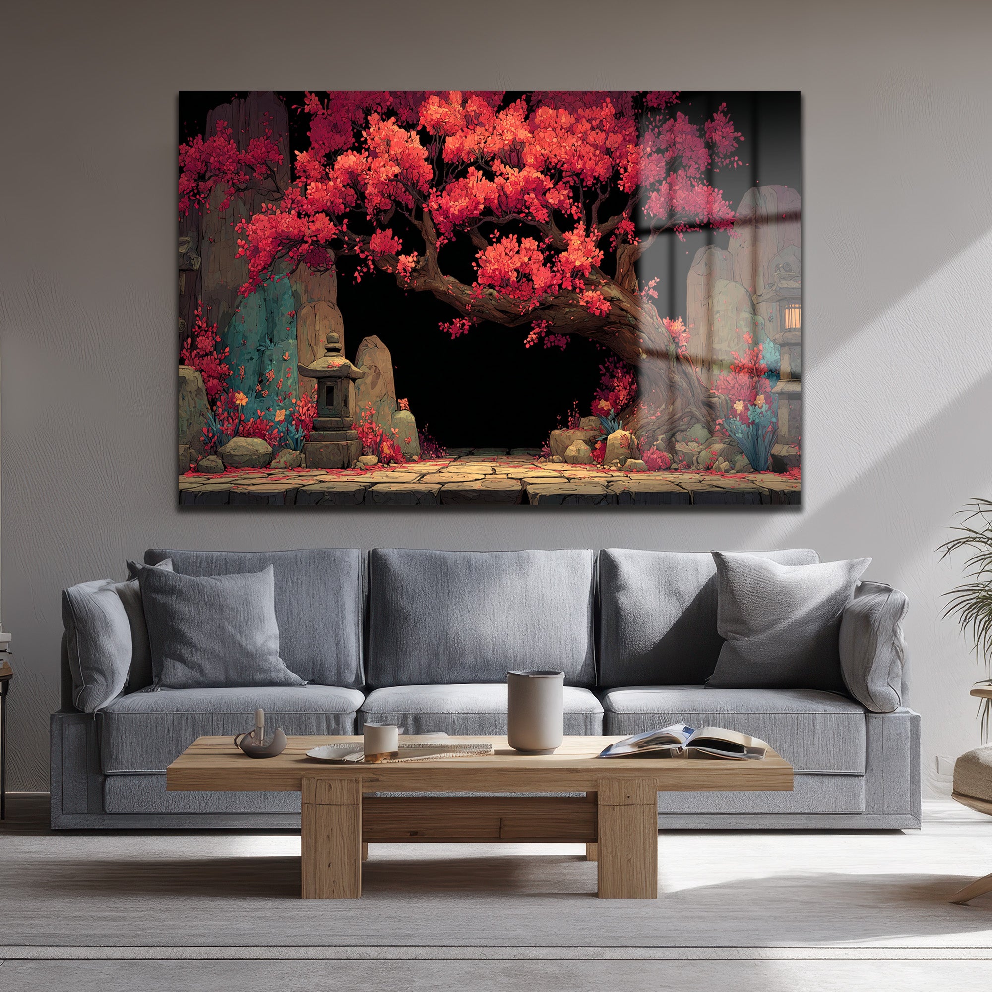 Japon Bahçesi Kızıl Ağaç Cam Tablo - Glazella Sanat Eseri