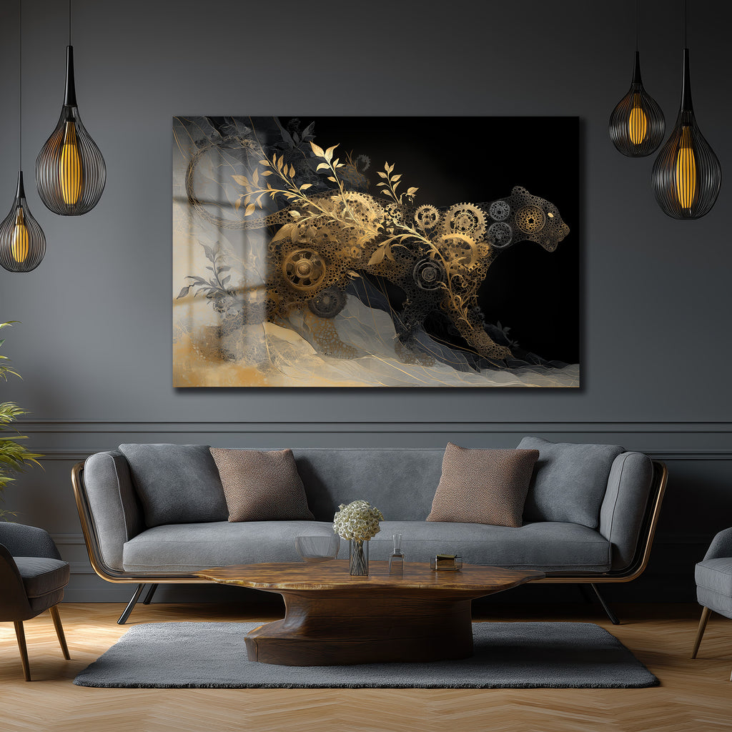 Büyüleyici Steampunk Panter Cam Tablo: Altın Dişliler ve Yapraklar