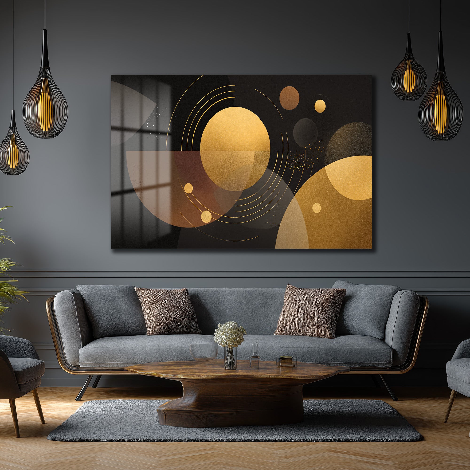 Altın Işıltılı Geometrik Soyut Cam Tablo | Modern Duvar Dekoru