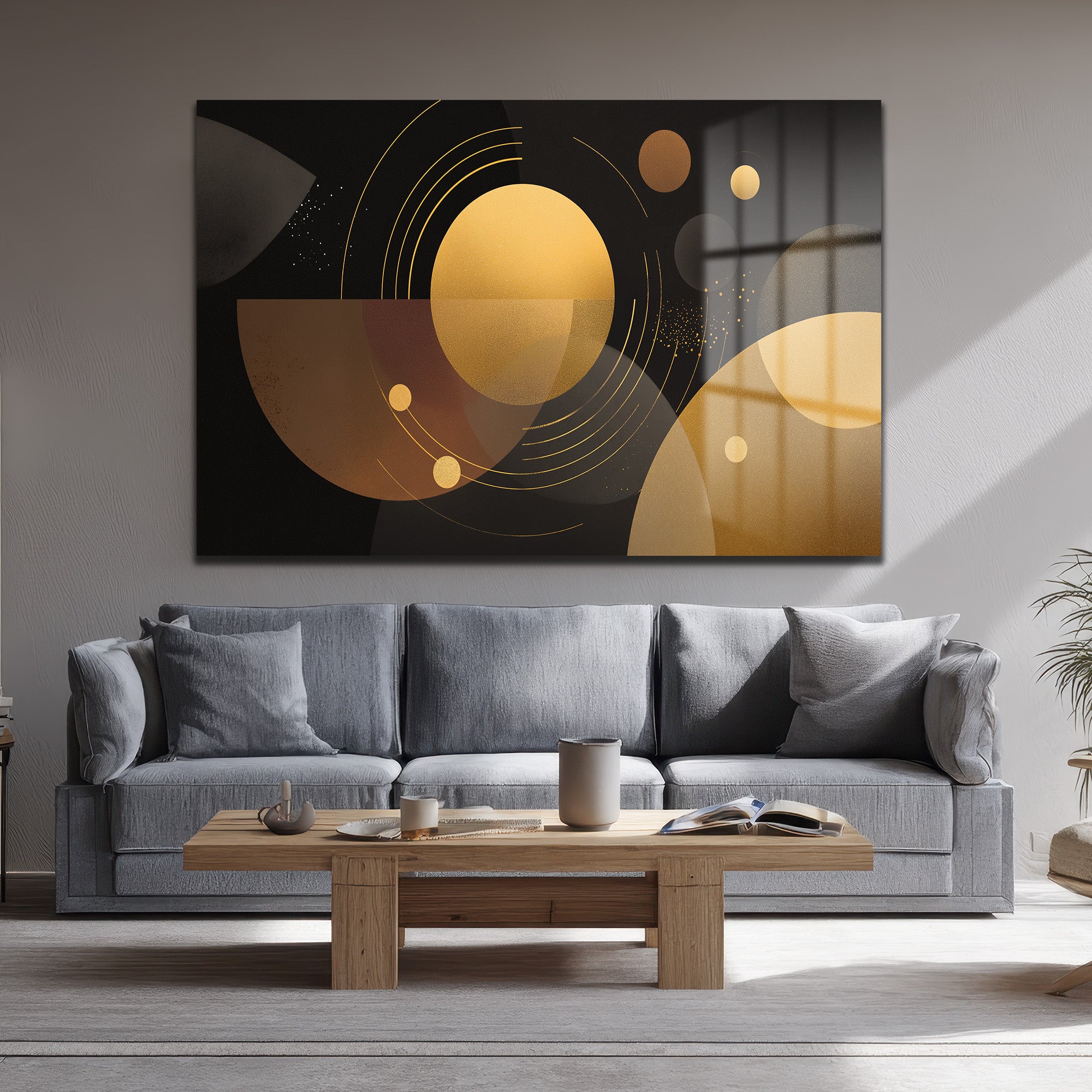 Altın Işıltılı Geometrik Soyut Cam Tablo | Modern Duvar Dekoru