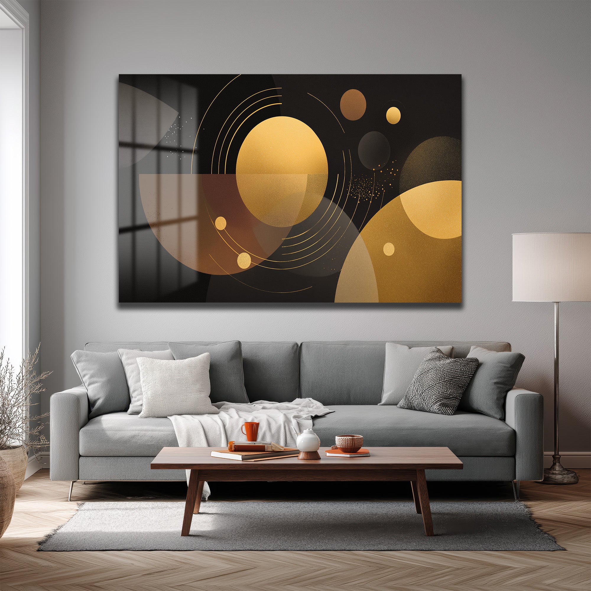 Altın Işıltılı Geometrik Soyut Cam Tablo | Modern Duvar Dekoru