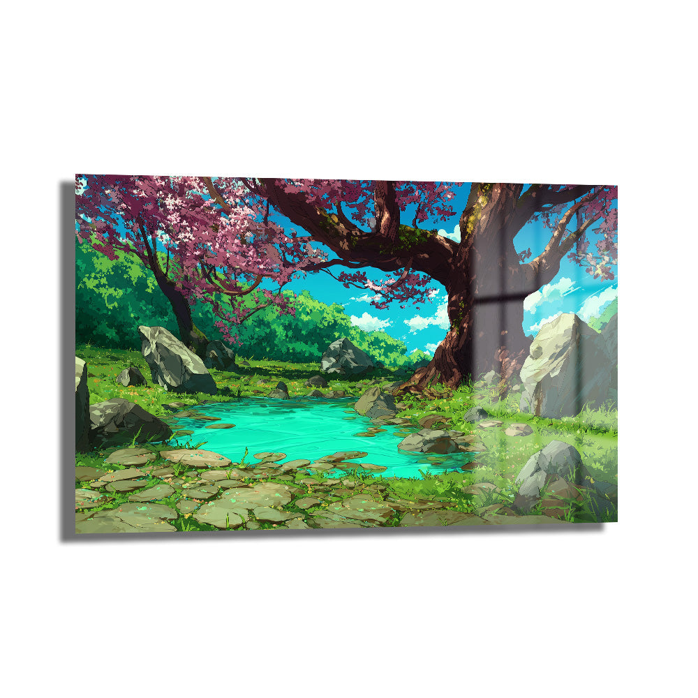 Anime Estetiği Sakura Ağaçlı Büyülü Göl Manzarası Cam Tablo