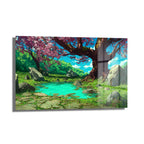 Anime Estetiği Sakura Ağaçlı Büyülü Göl Manzarası Cam Tablo