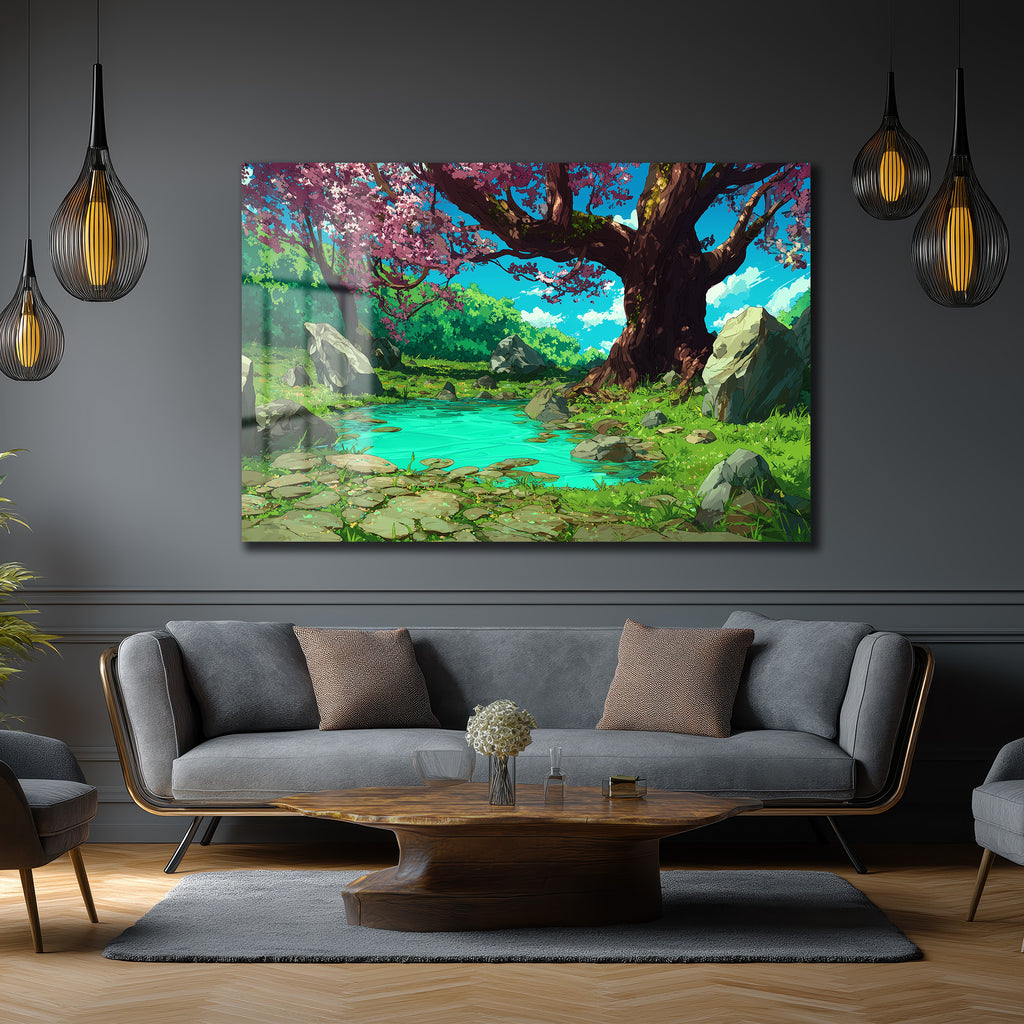 Anime Estetiği Sakura Ağaçlı Büyülü Göl Manzarası Cam Tablo