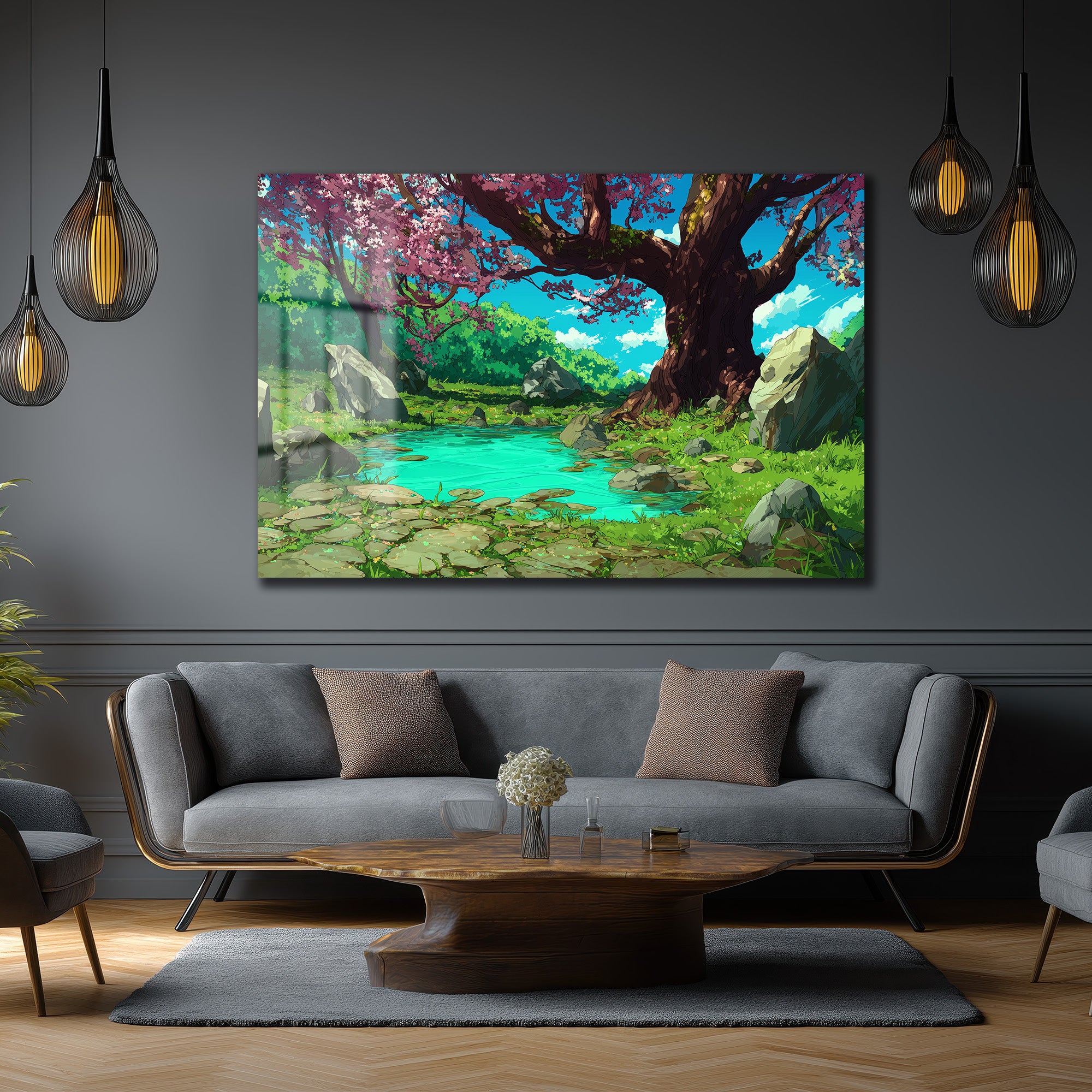 Anime Estetiği Sakura Ağaçlı Büyülü Göl Manzarası Cam Tablo