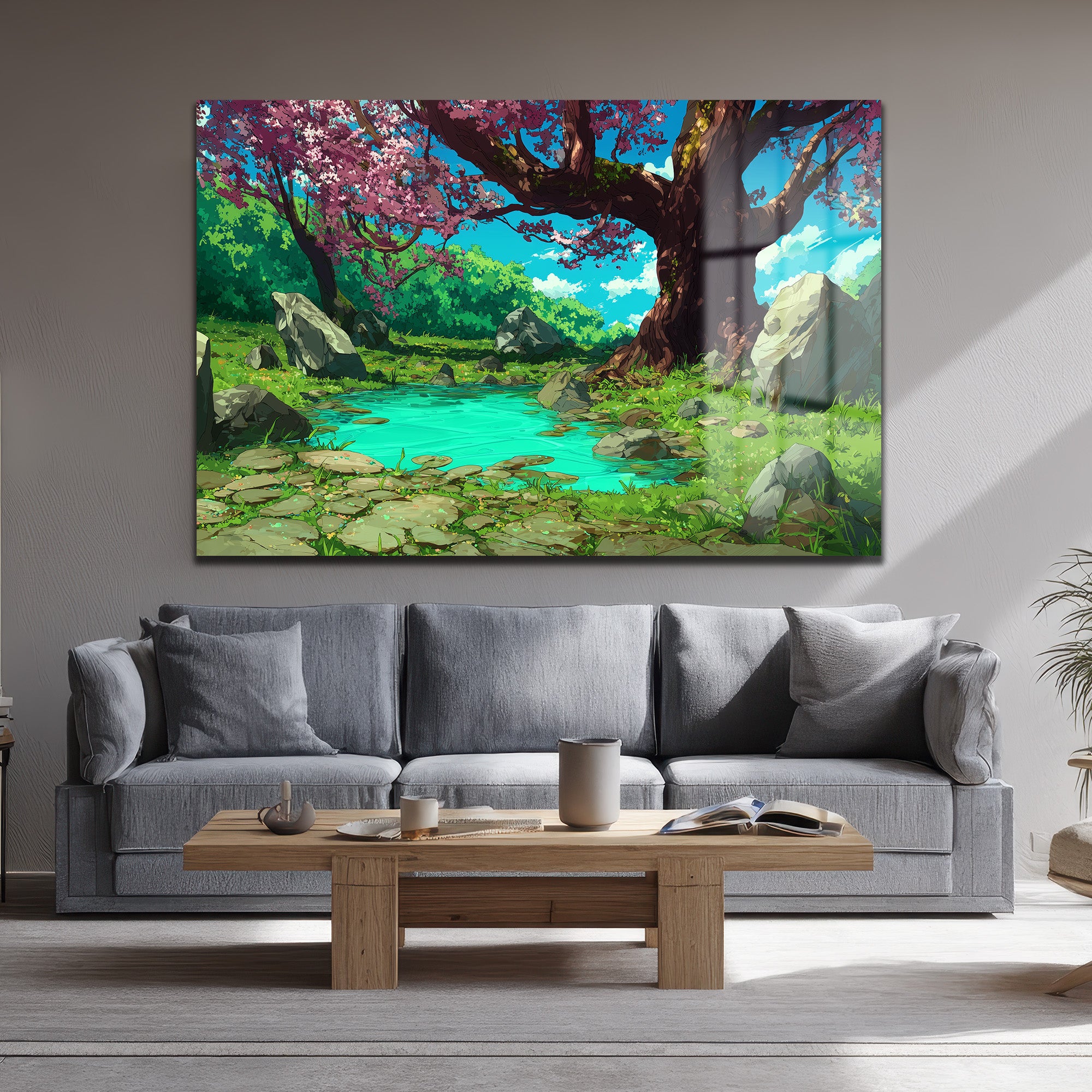 Anime Estetiği Sakura Ağaçlı Büyülü Göl Manzarası Cam Tablo