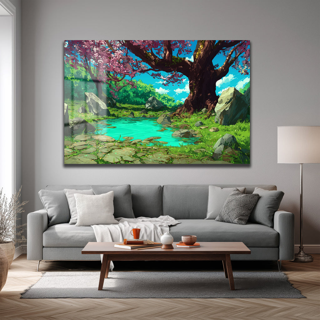 Anime Estetiği Sakura Ağaçlı Büyülü Göl Manzarası Cam Tablo