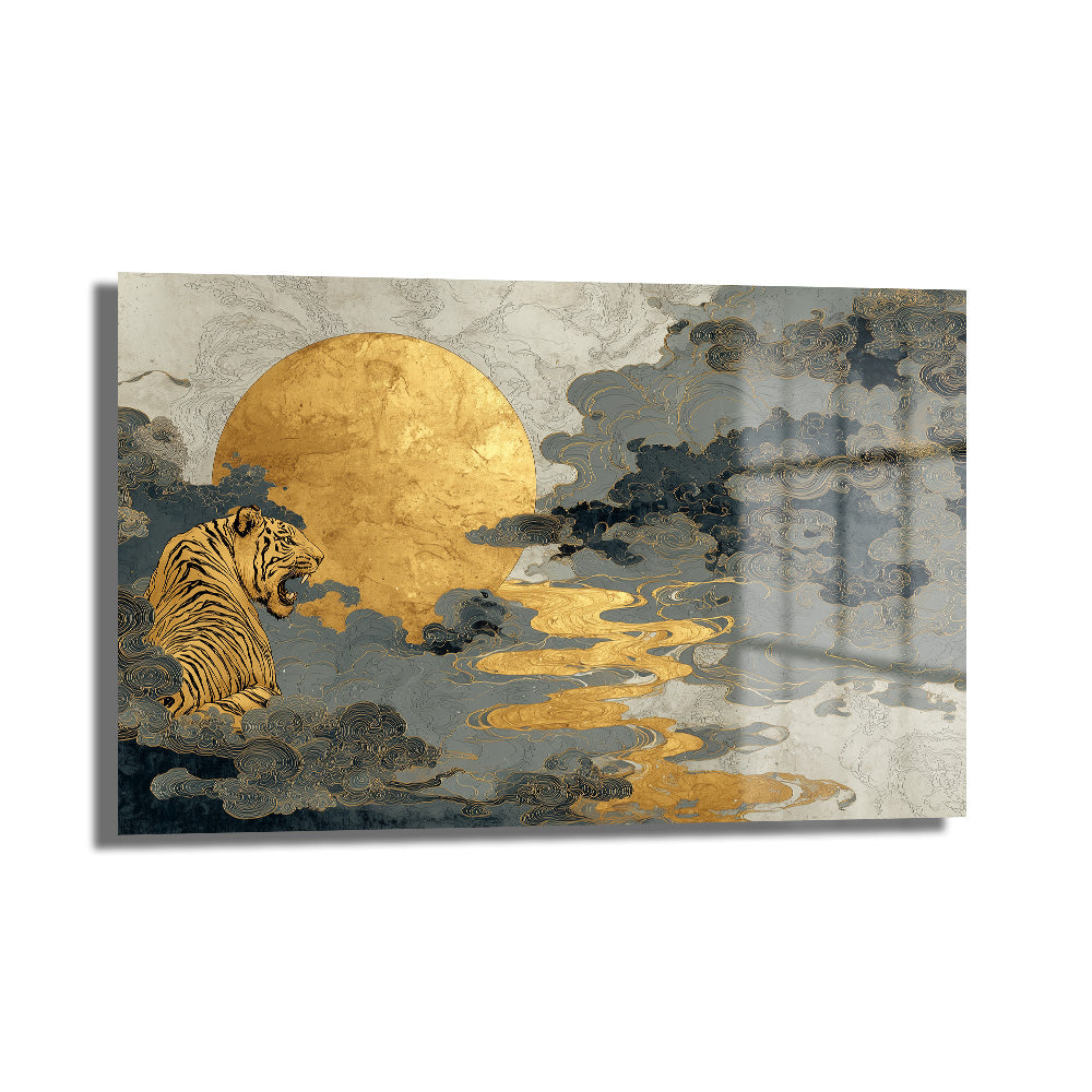 İhtişamlı Kaplan ve Altın Güneş Cam Tablo