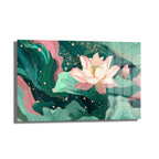Lotus Bahçesi Rüyası: Modern Pembe ve Yeşil Cam Tablo