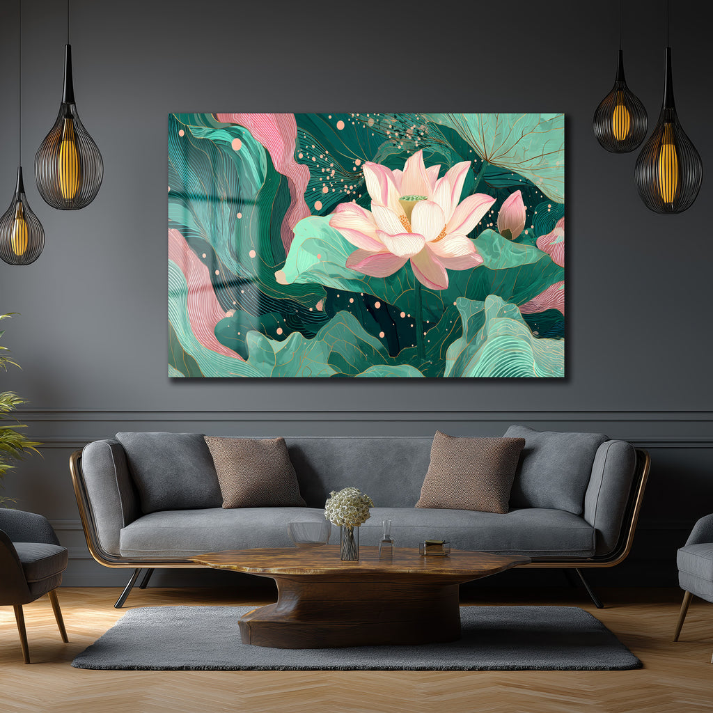 Lotus Bahçesi Rüyası: Modern Pembe ve Yeşil Cam Tablo
