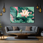 Lotus Bahçesi Rüyası: Modern Pembe ve Yeşil Cam Tablo