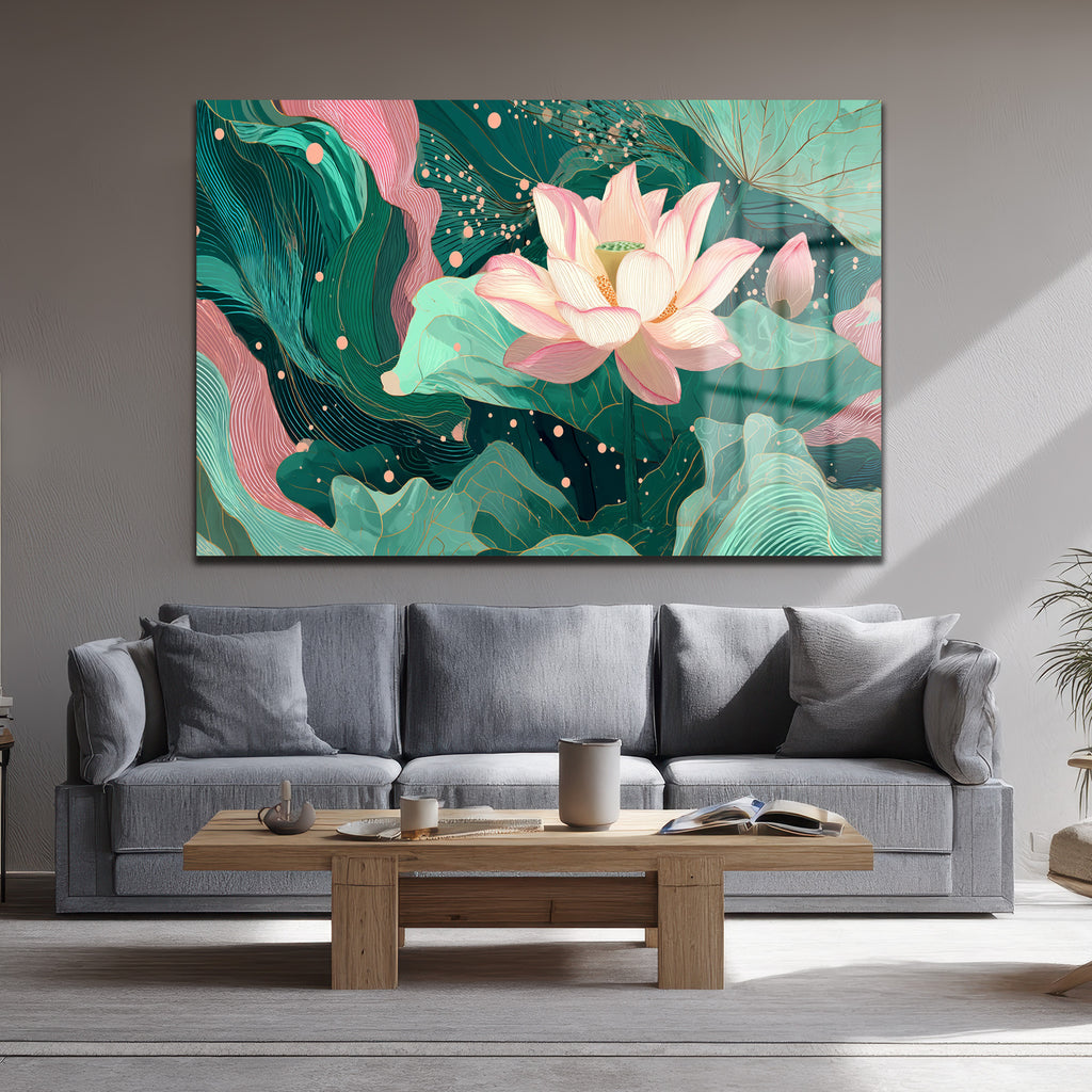 Lotus Bahçesi Rüyası: Modern Pembe ve Yeşil Cam Tablo