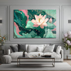 Lotus Bahçesi Rüyası: Modern Pembe ve Yeşil Cam Tablo