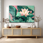 Lotus Bahçesi Rüyası: Modern Pembe ve Yeşil Cam Tablo