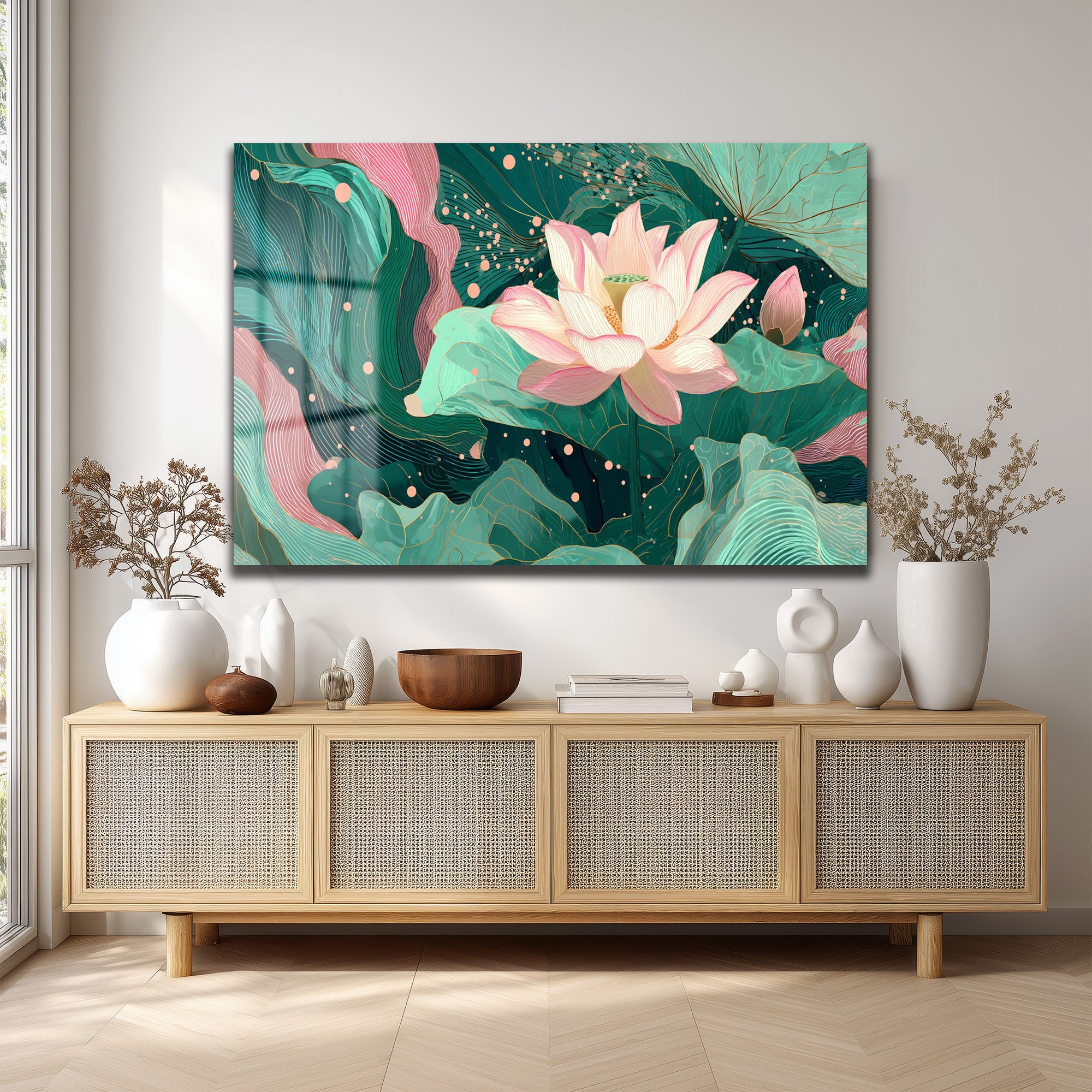 Lotus Bahçesi Rüyası: Modern Pembe ve Yeşil Cam Tablo