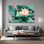 Lotus Bahçesi Rüyası: Modern Pembe ve Yeşil Cam Tablo