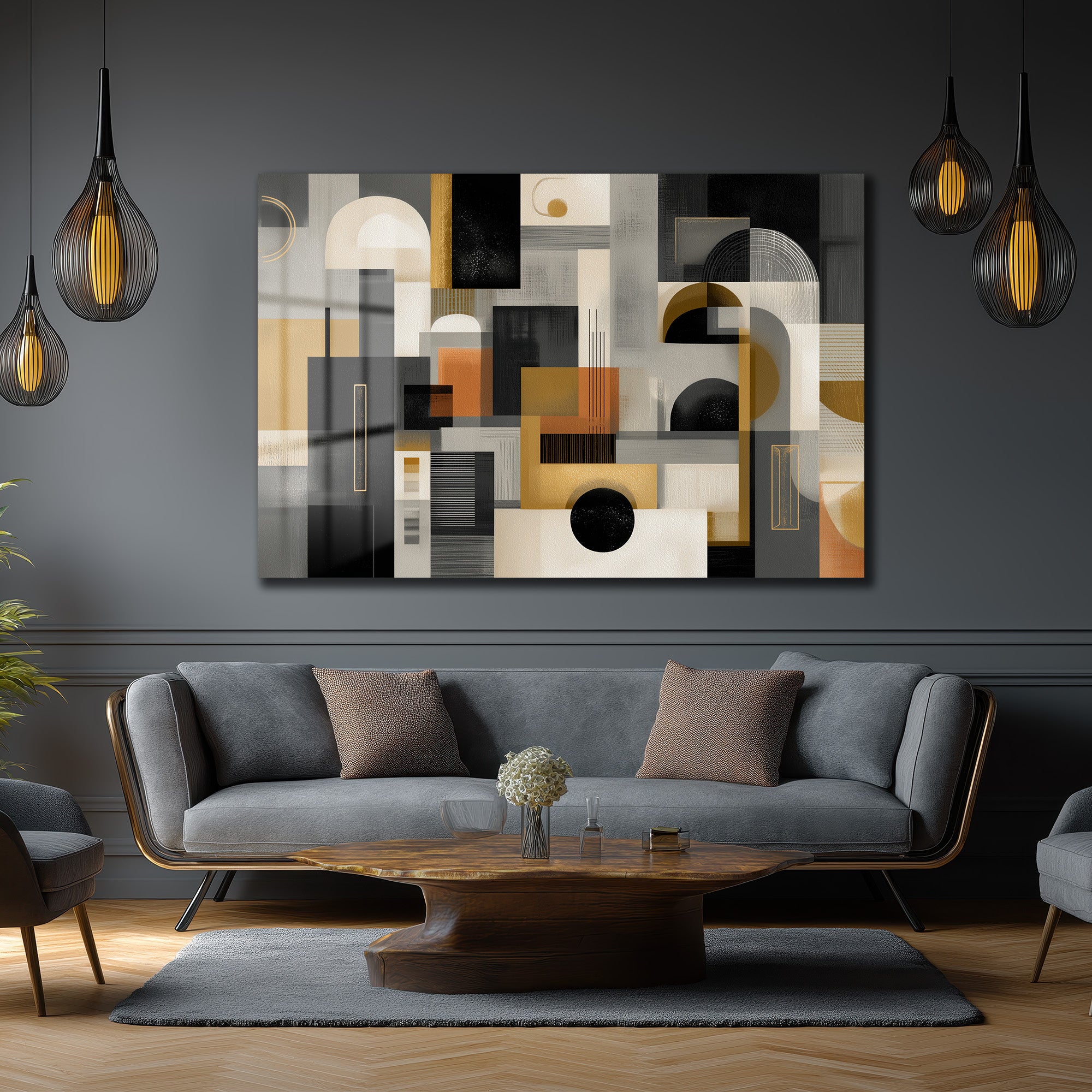 Modern Geometrik Soyut Tasarım Cam Tablo