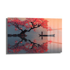 Sakura Ağacı ve Tekne Manzarası Cam Tablo - Japon Estetiği