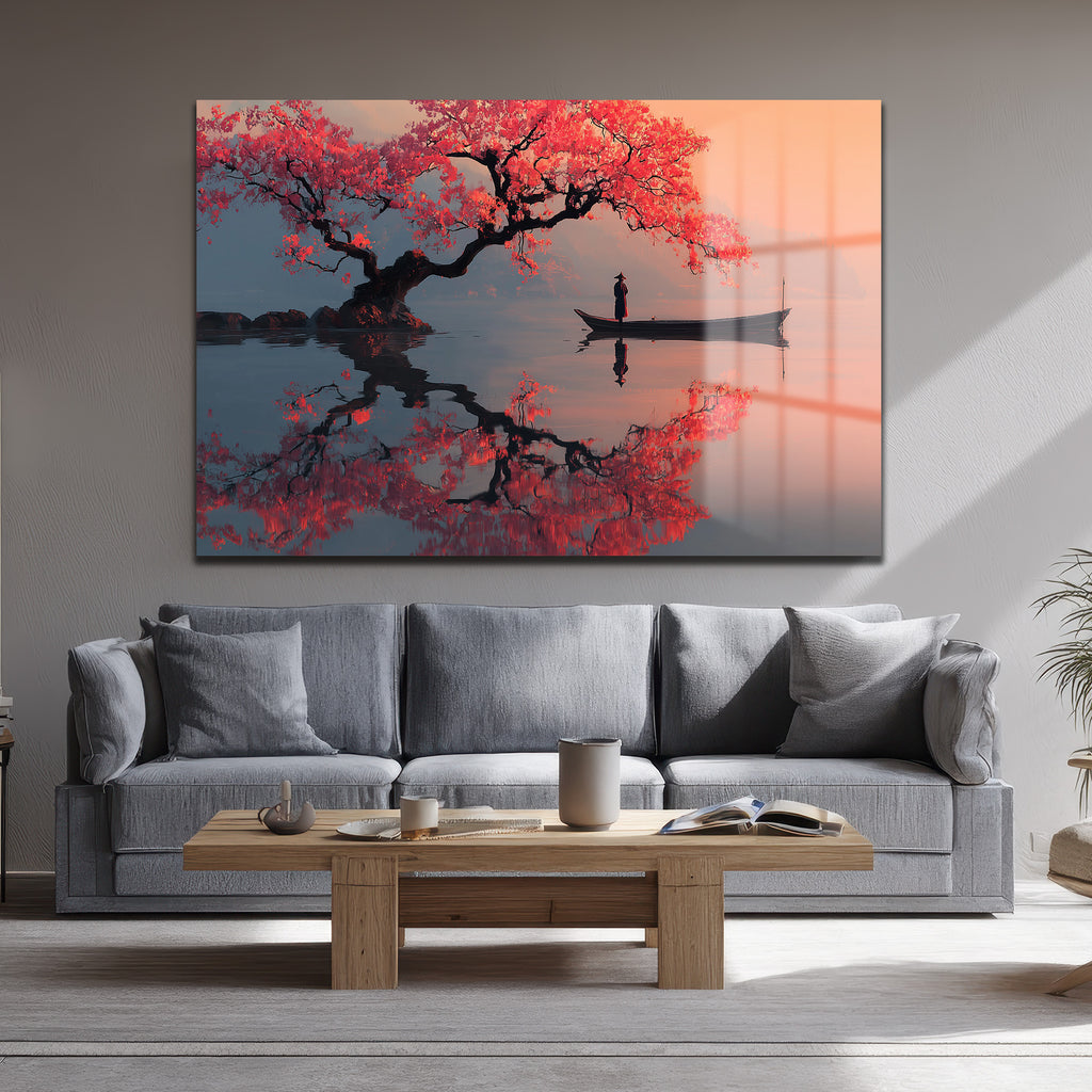 Sakura Ağacı ve Tekne Manzarası Cam Tablo - Japon Estetiği