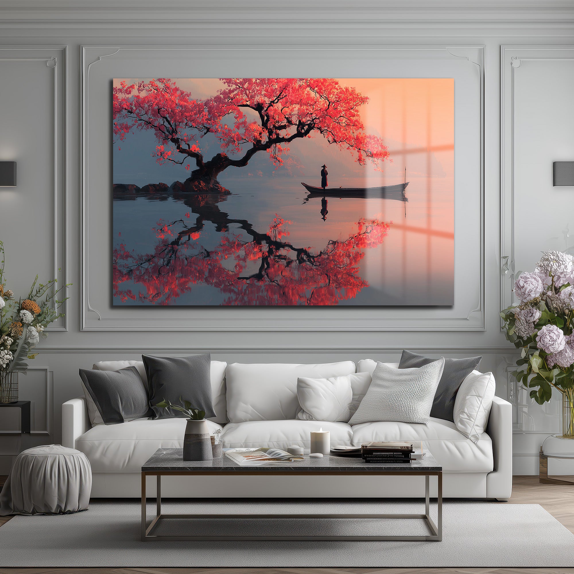 Sakura Ağacı ve Tekne Manzarası Cam Tablo - Japon Estetiği