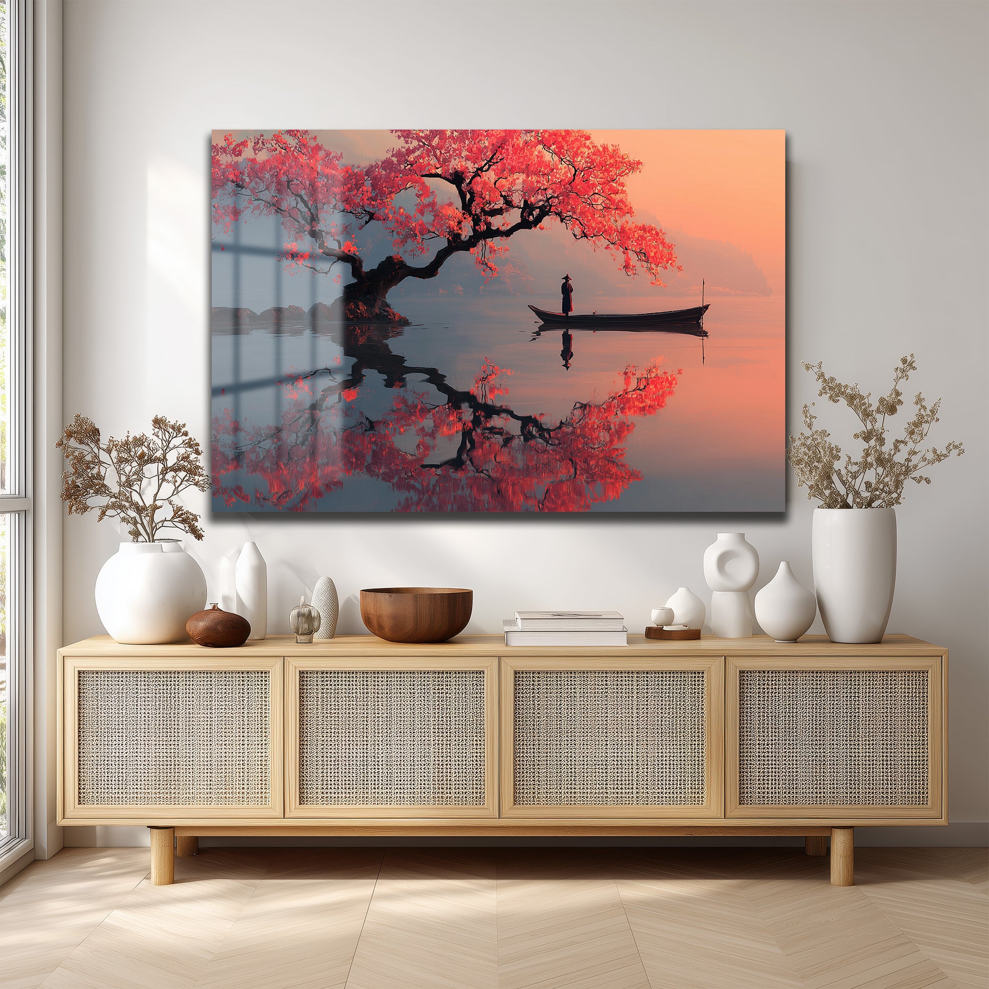 Sakura Ağacı ve Tekne Manzarası Cam Tablo - Japon Estetiği