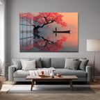 Sakura Ağacı ve Tekne Manzarası Cam Tablo - Japon Estetiği