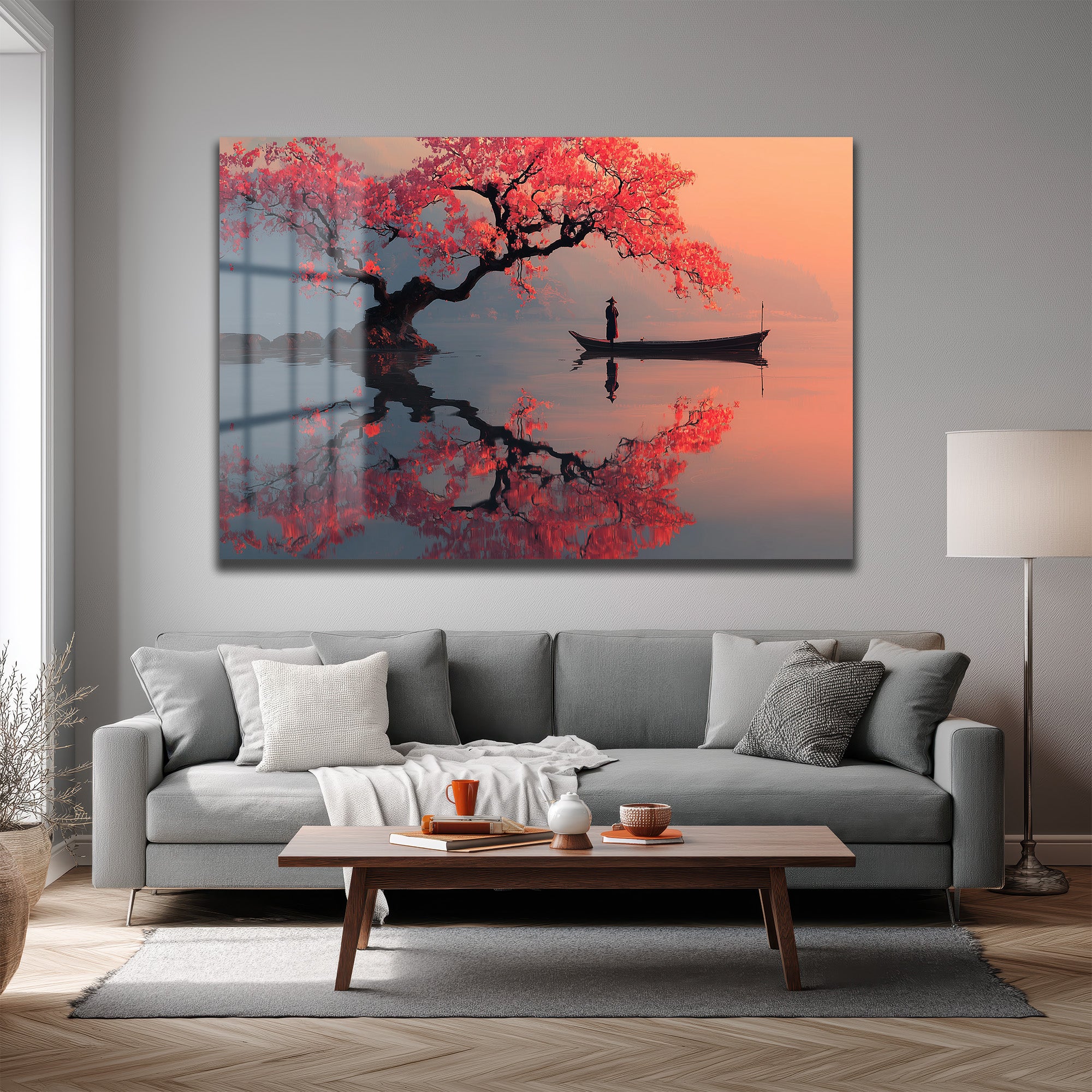 Sakura Ağacı ve Tekne Manzarası Cam Tablo - Japon Estetiği
