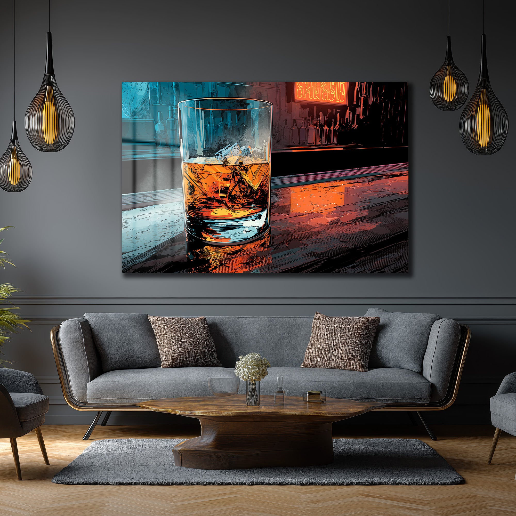 Gece Işıkları Viski Bardağı Temalı Modern Cam Tablo