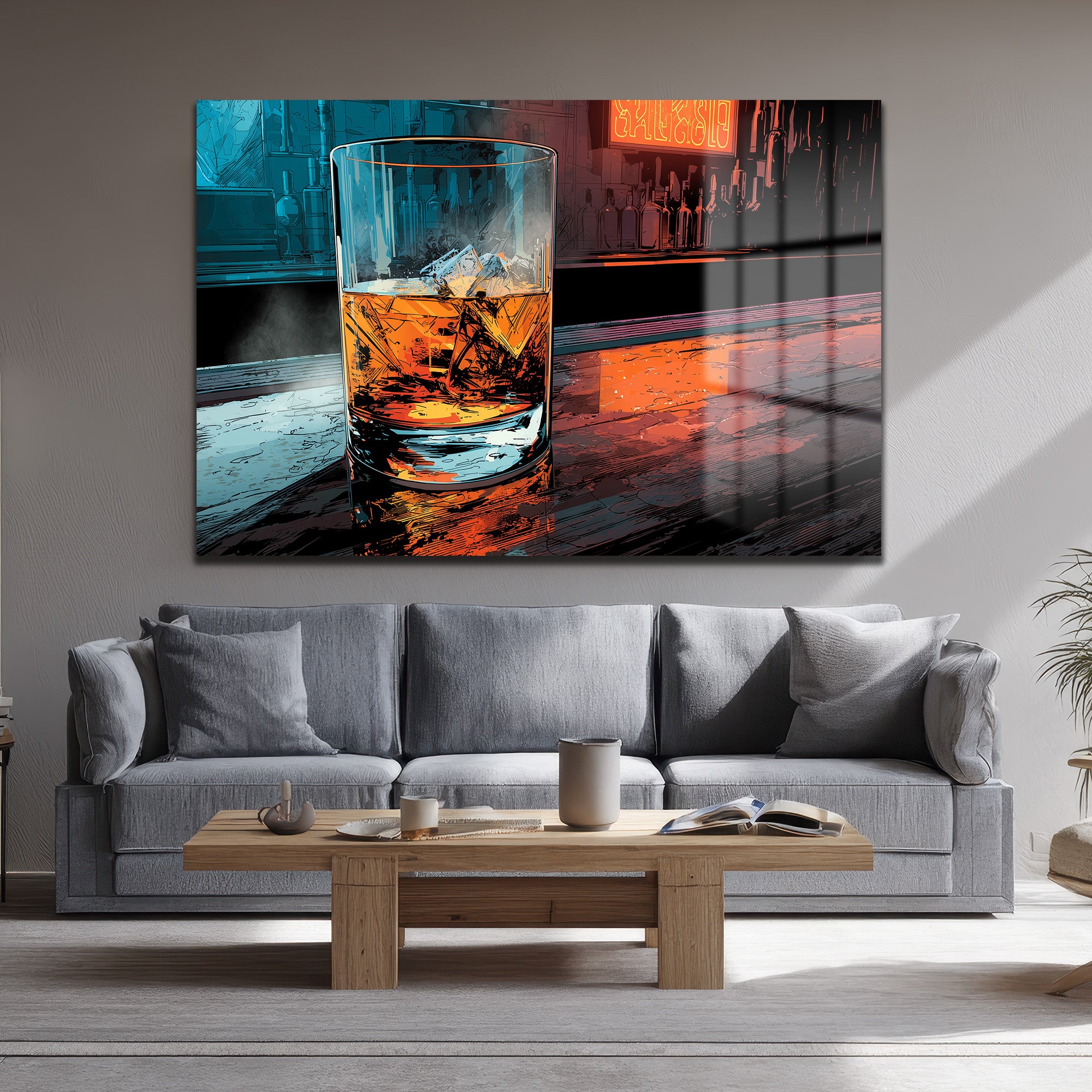 Gece Işıkları Viski Bardağı Temalı Modern Cam Tablo