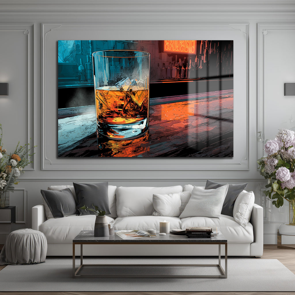 Gece Işıkları Viski Bardağı Temalı Modern Cam Tablo
