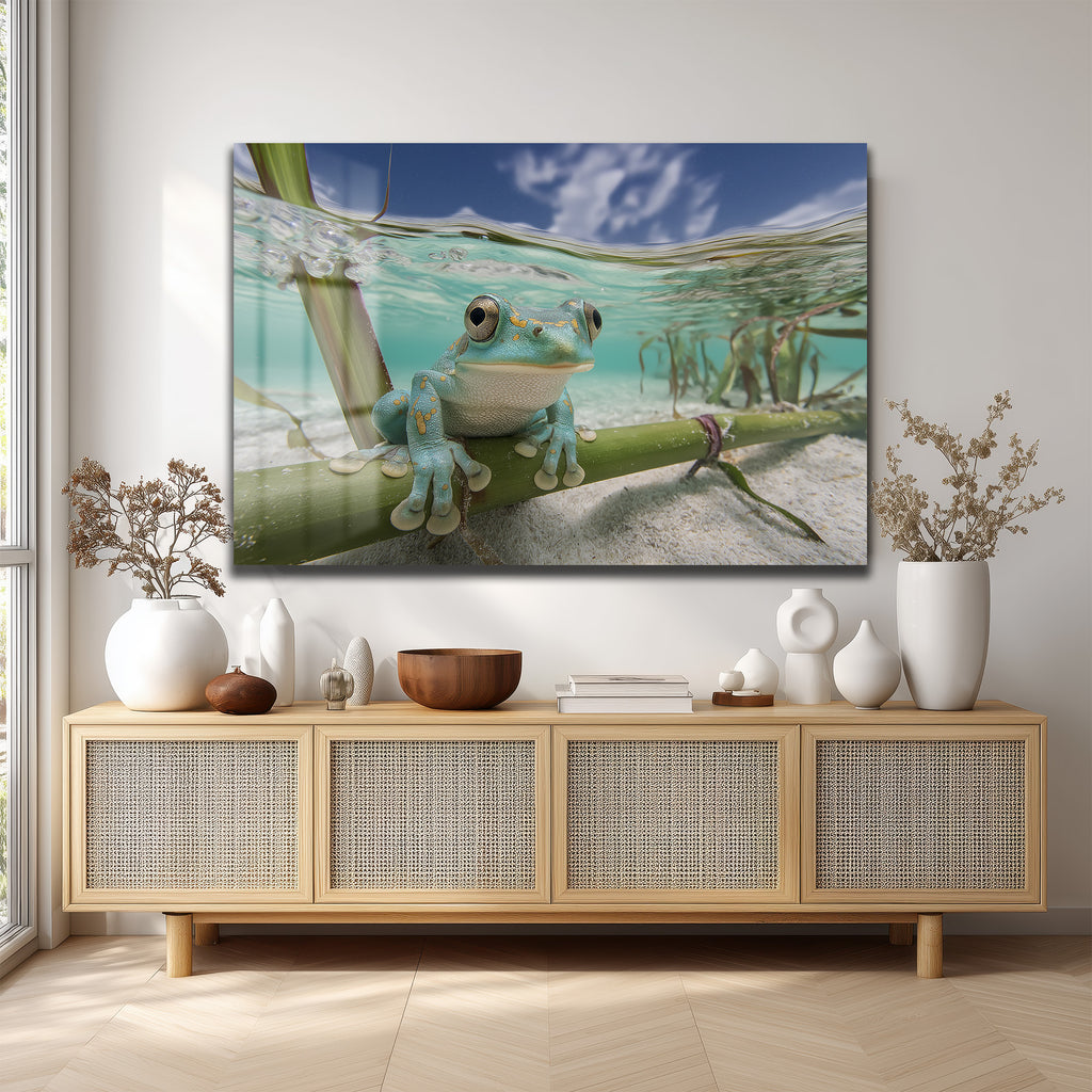 Sualtı Dünyası Mavi Kurbağa Sanat Cam Tablo