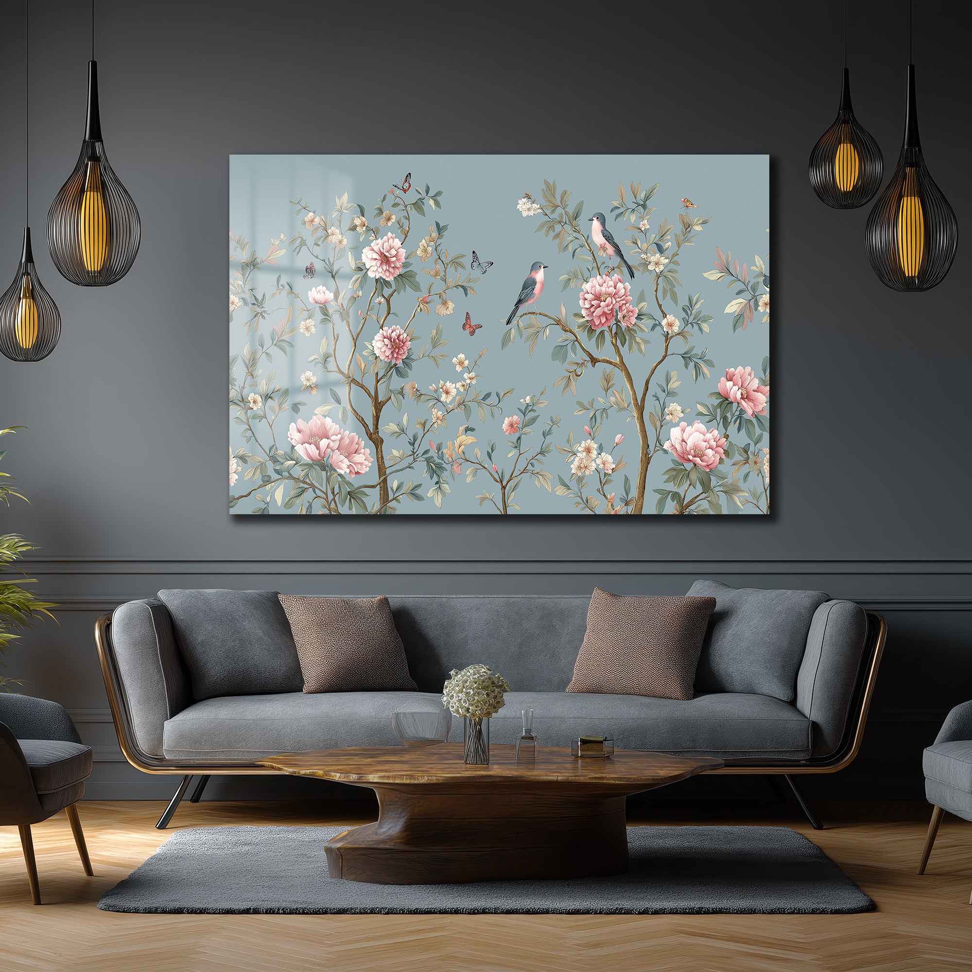 Chinoiserie Bahçesi Kuşlar ve Şakayıklar Cam Tablo