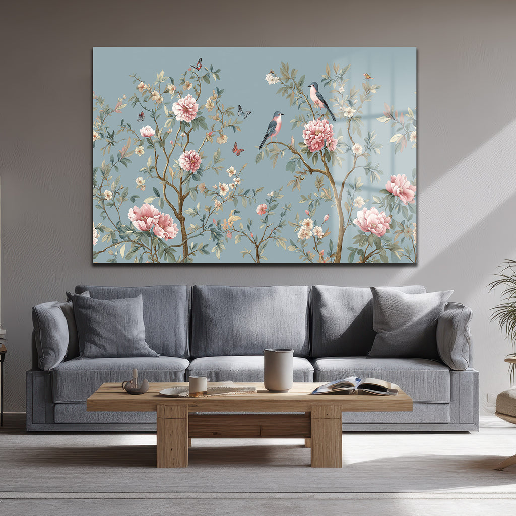 Chinoiserie Bahçesi Kuşlar ve Şakayıklar Cam Tablo