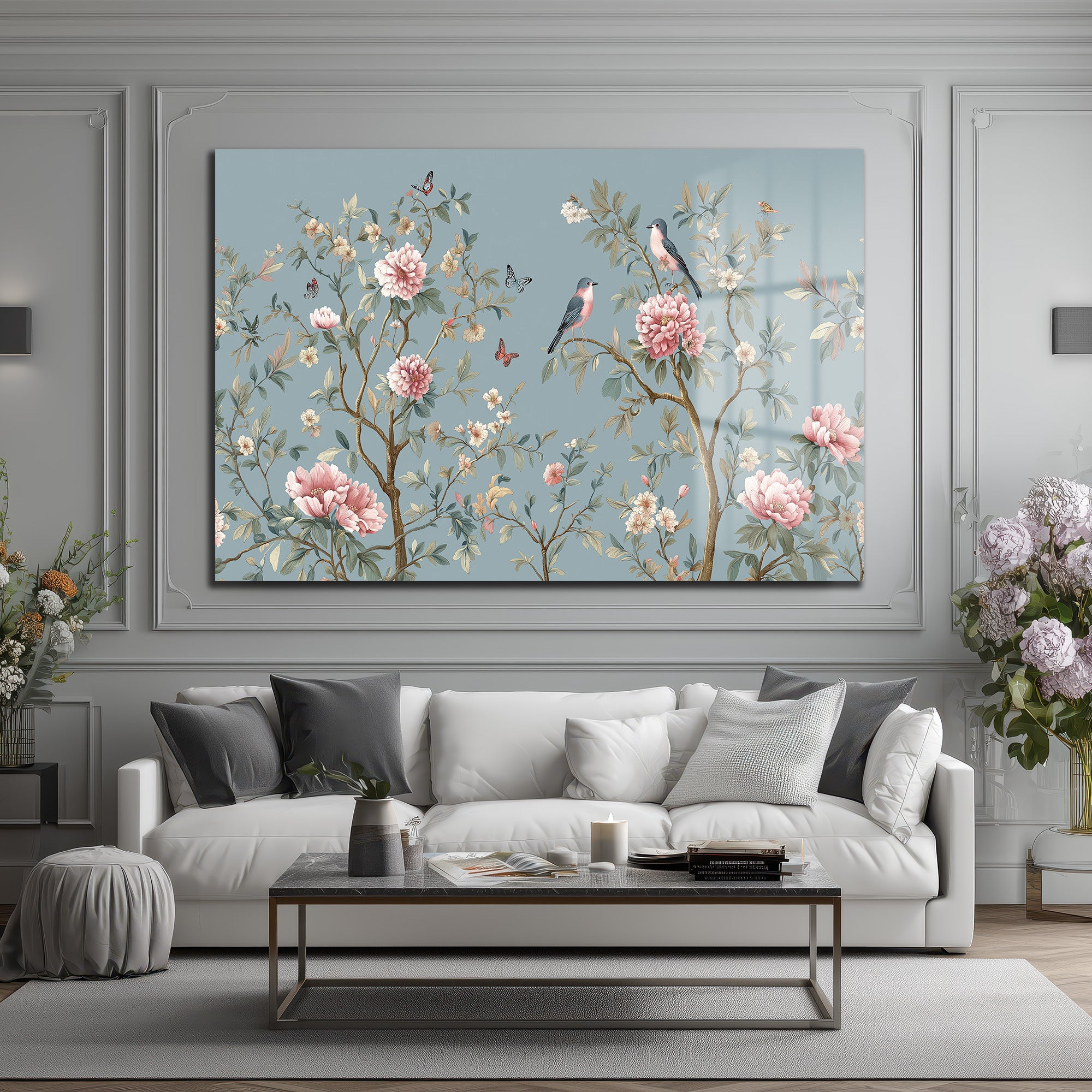 Chinoiserie Bahçesi Kuşlar ve Şakayıklar Cam Tablo