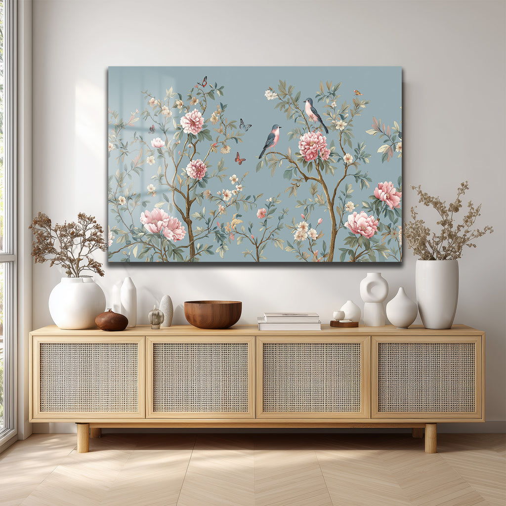 Chinoiserie Bahçesi Kuşlar ve Şakayıklar Cam Tablo