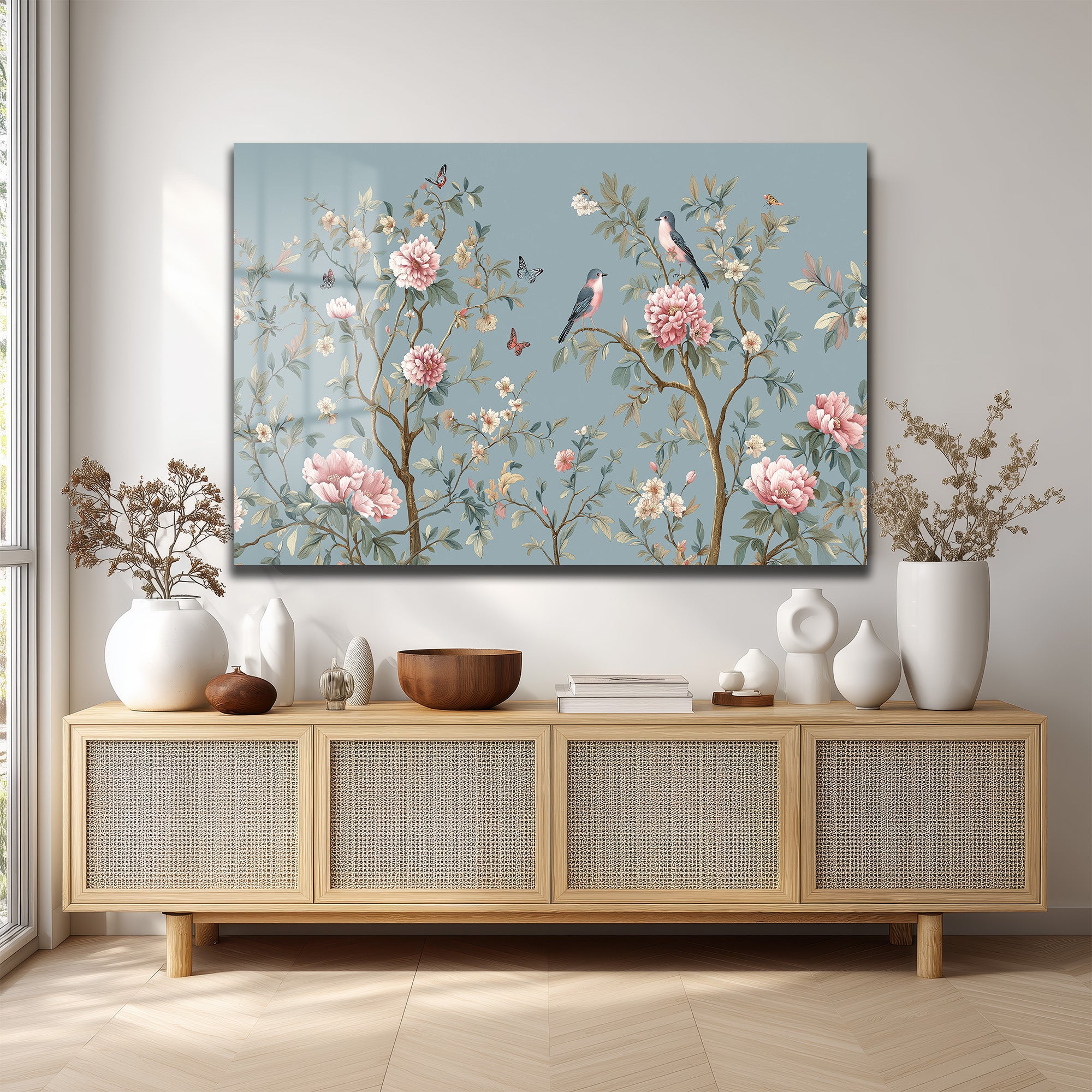 Chinoiserie Bahçesi Kuşlar ve Şakayıklar Cam Tablo