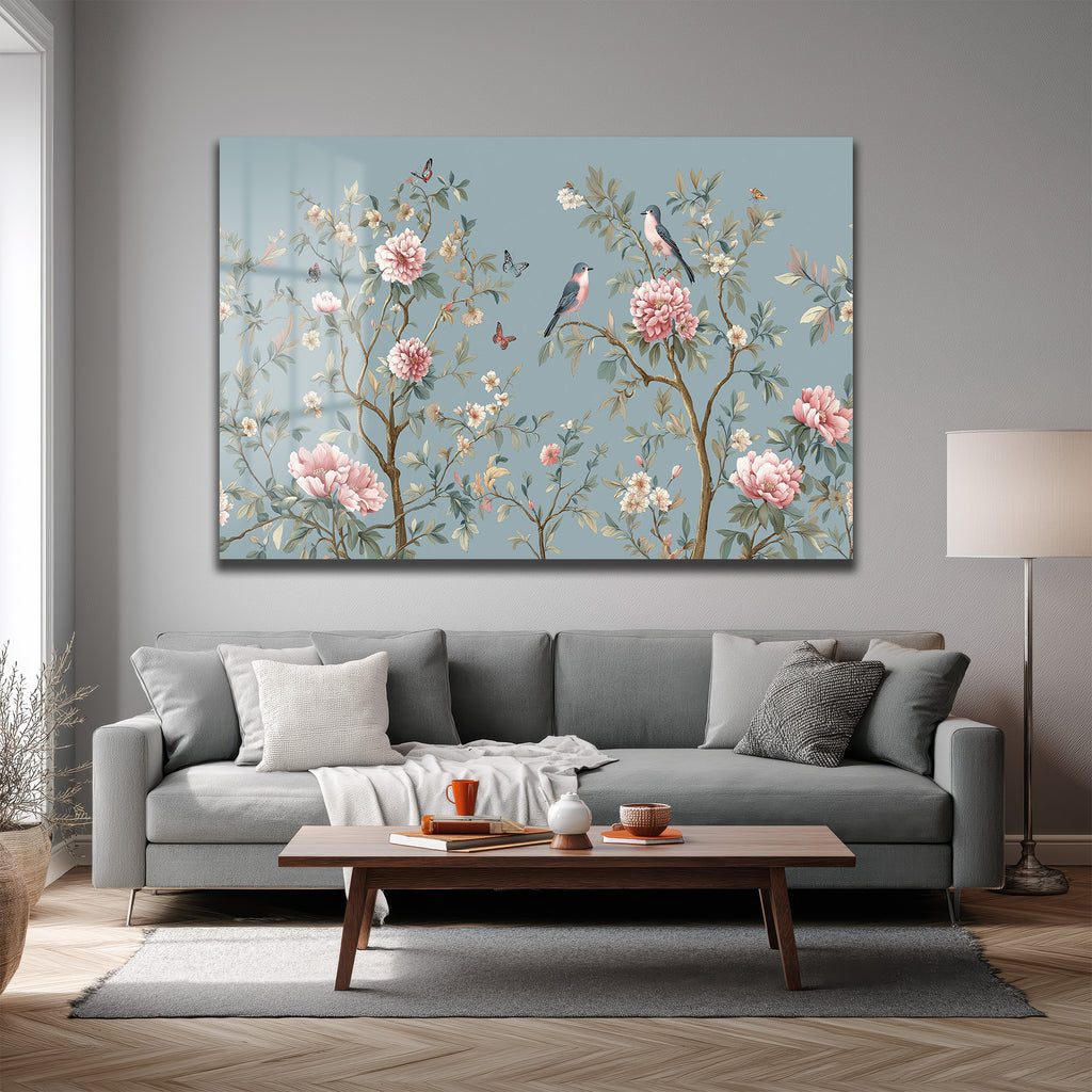 Chinoiserie Bahçesi Kuşlar ve Şakayıklar Cam Tablo