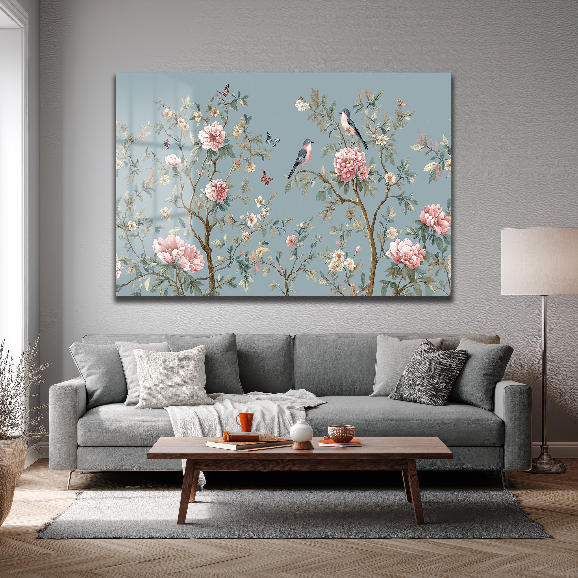 Chinoiserie Bahçesi Kuşlar ve Şakayıklar Cam Tablo