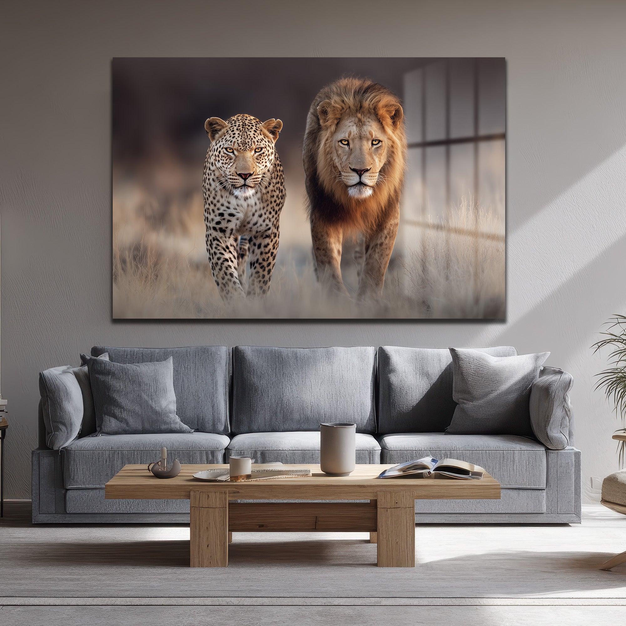 Aslan ve Leopar Yürüyüşü Cam Tablo - Vahşi Doğanın Görkemli Dansı