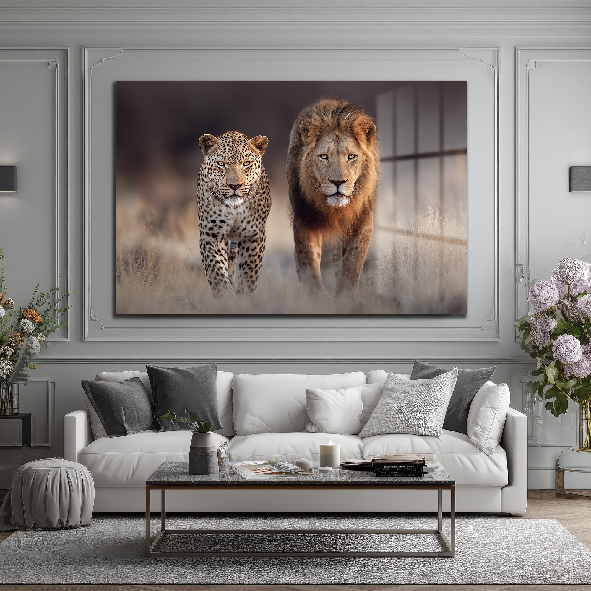 Aslan ve Leopar Yürüyüşü Cam Tablo - Vahşi Doğanın Görkemli Dansı