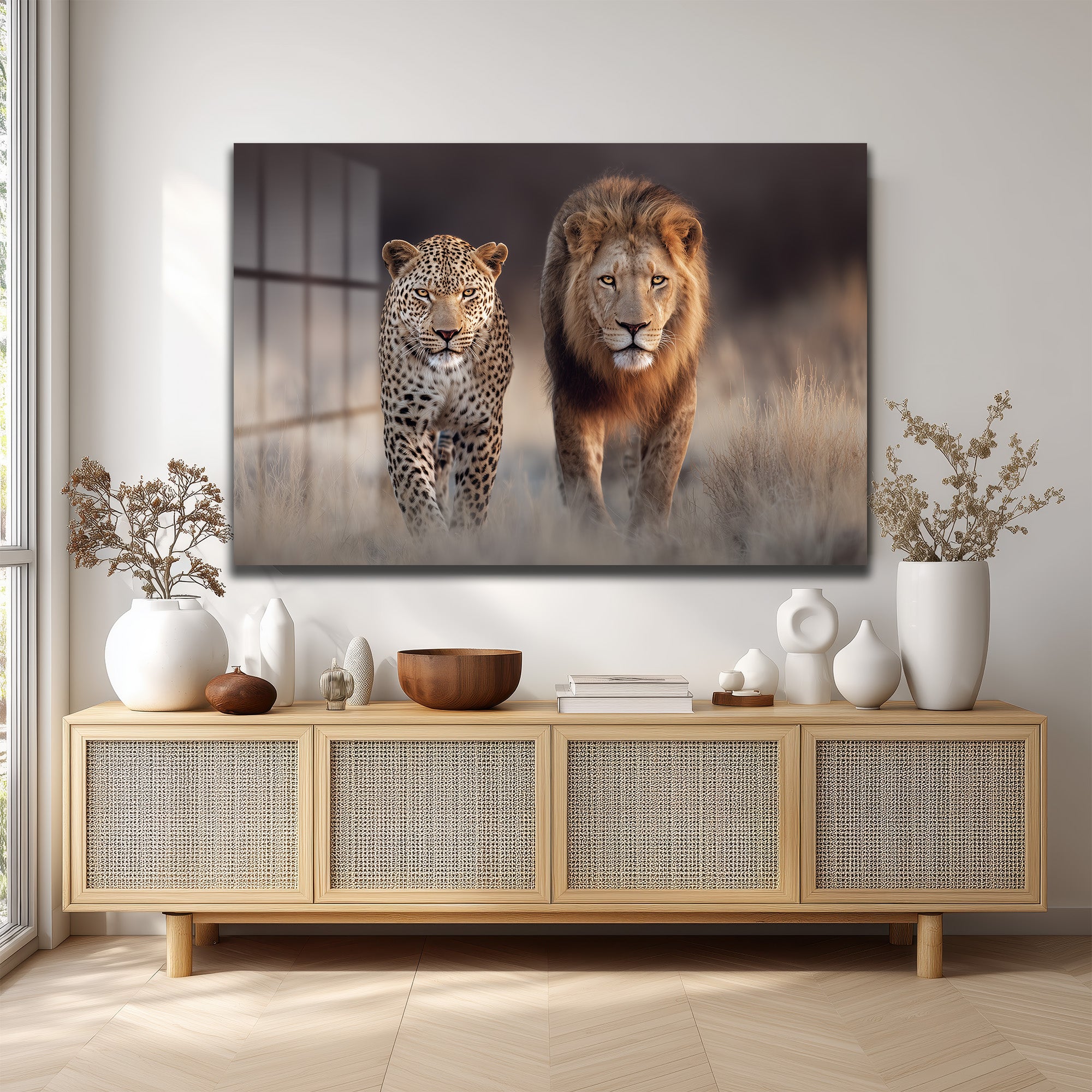 Aslan ve Leopar Yürüyüşü Cam Tablo - Vahşi Doğanın Görkemli Dansı