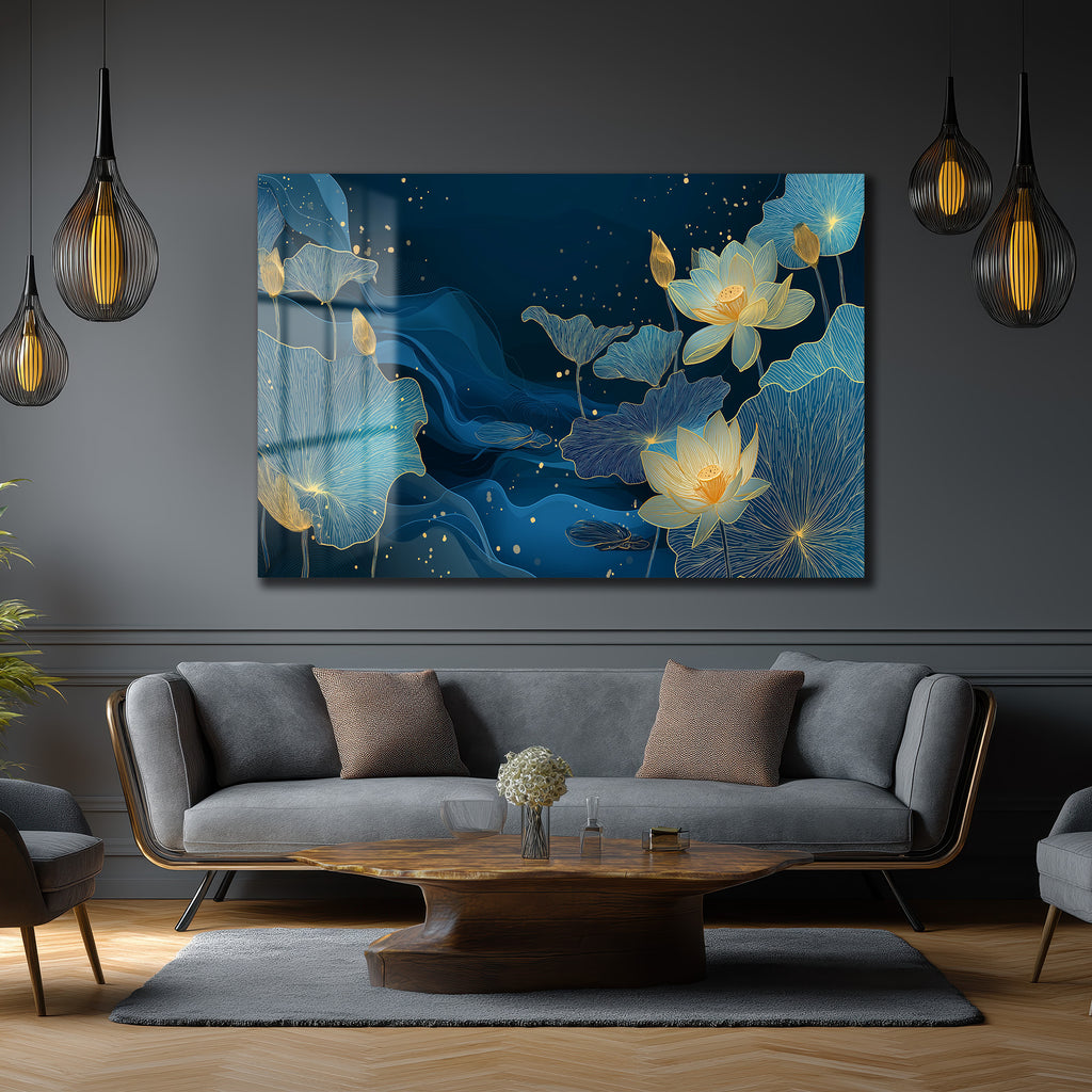 Derin Mavi Lotus Bahçesi Altın Detaylı Cam Tablo