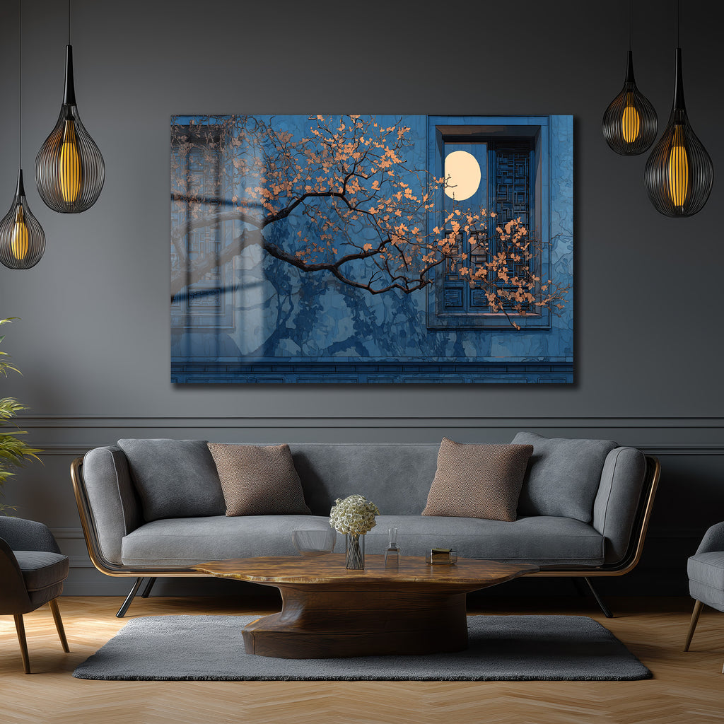 Ay Işığı ve Çiçek Açan Dal Temalı Modern Cam Tablo