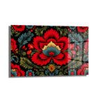 Geleneksel Folk Art Kırmızı Çiçek Desenli Cam Tablo