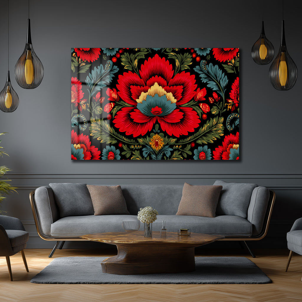 Geleneksel Folk Art Kırmızı Çiçek Desenli Cam Tablo
