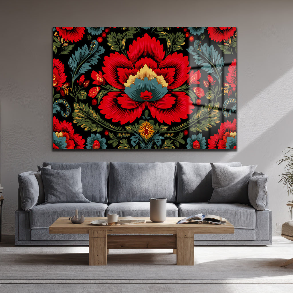 Geleneksel Folk Art Kırmızı Çiçek Desenli Cam Tablo