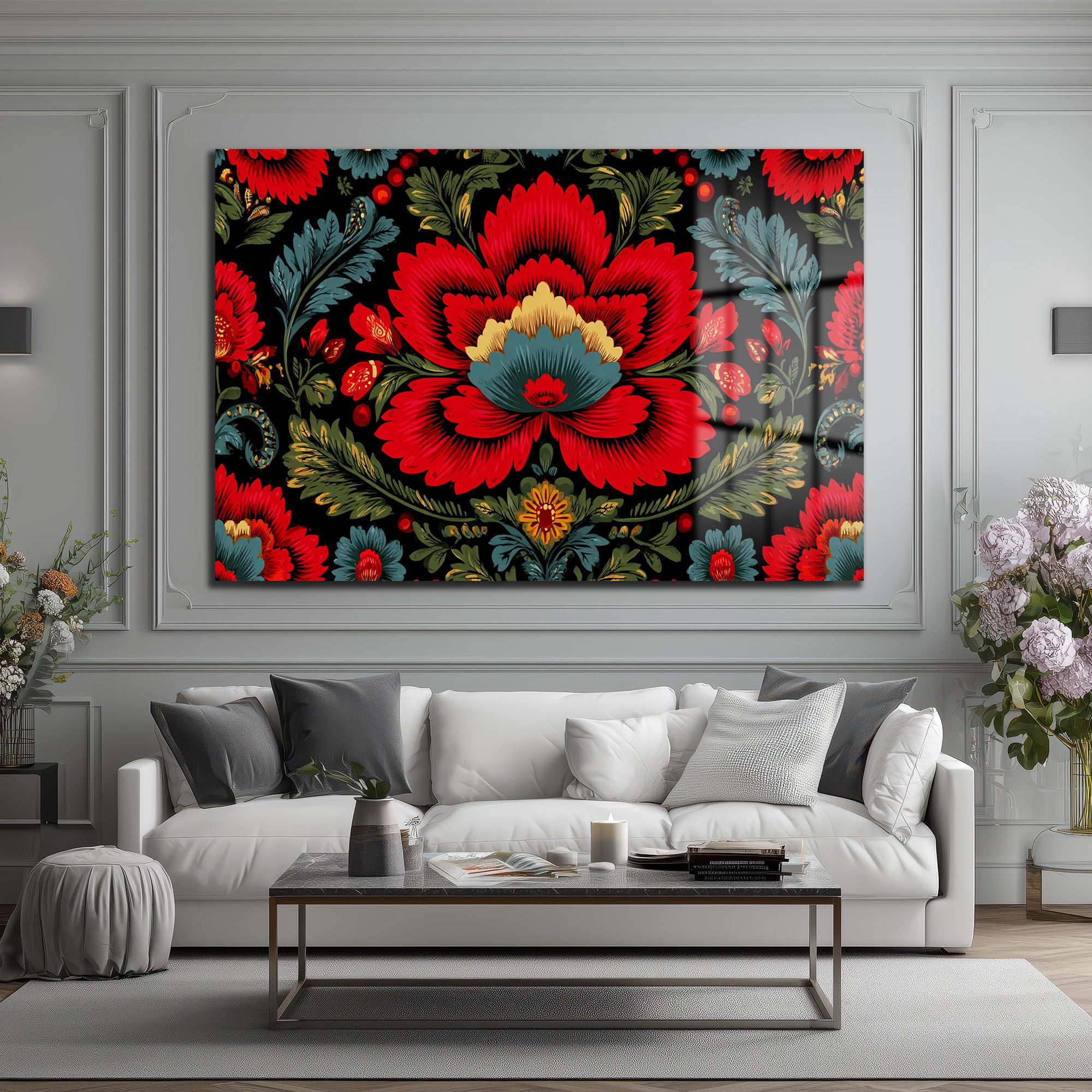 Geleneksel Folk Art Kırmızı Çiçek Desenli Cam Tablo
