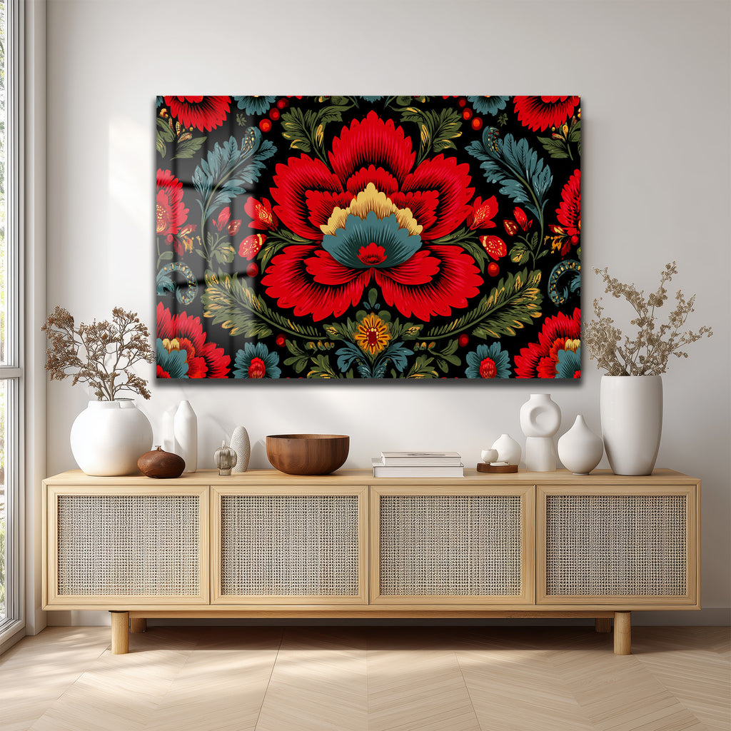 Geleneksel Folk Art Kırmızı Çiçek Desenli Cam Tablo