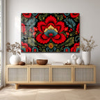 Geleneksel Folk Art Kırmızı Çiçek Desenli Cam Tablo