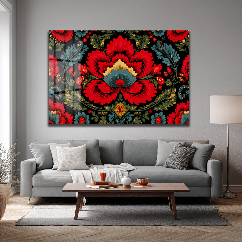 Geleneksel Folk Art Kırmızı Çiçek Desenli Cam Tablo